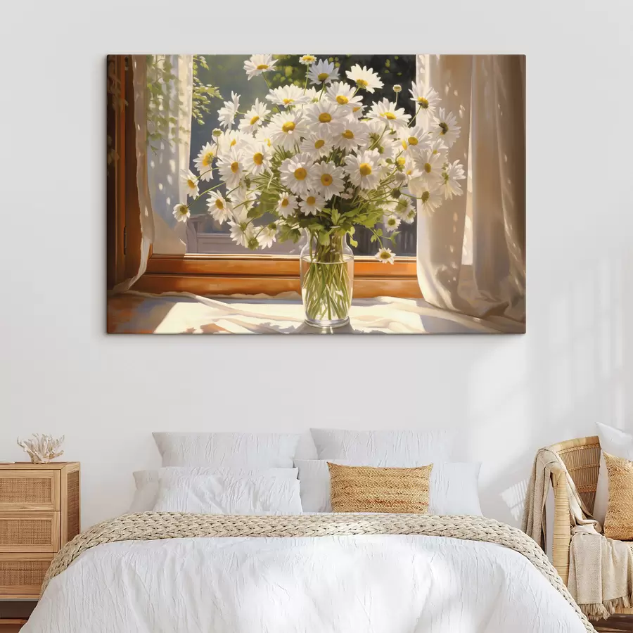 wall murals Oil painting imitation of a vase with white daisies on a windowsill, sunny day, warm colors pallette s43171
