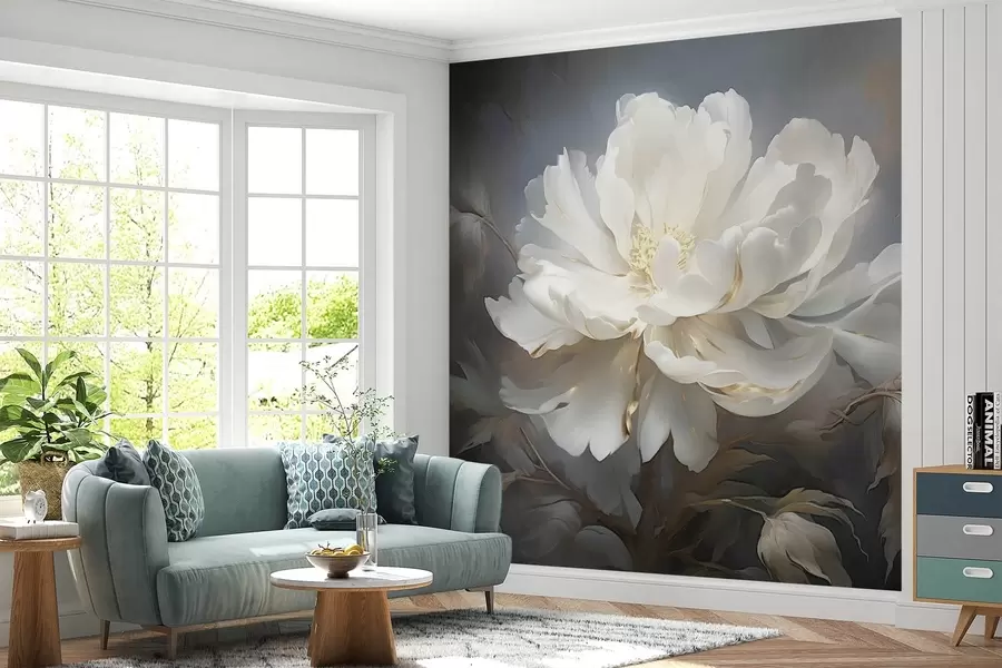 Wall Mural Photo Wallpaper Large white abstract flower on a dark background w08859