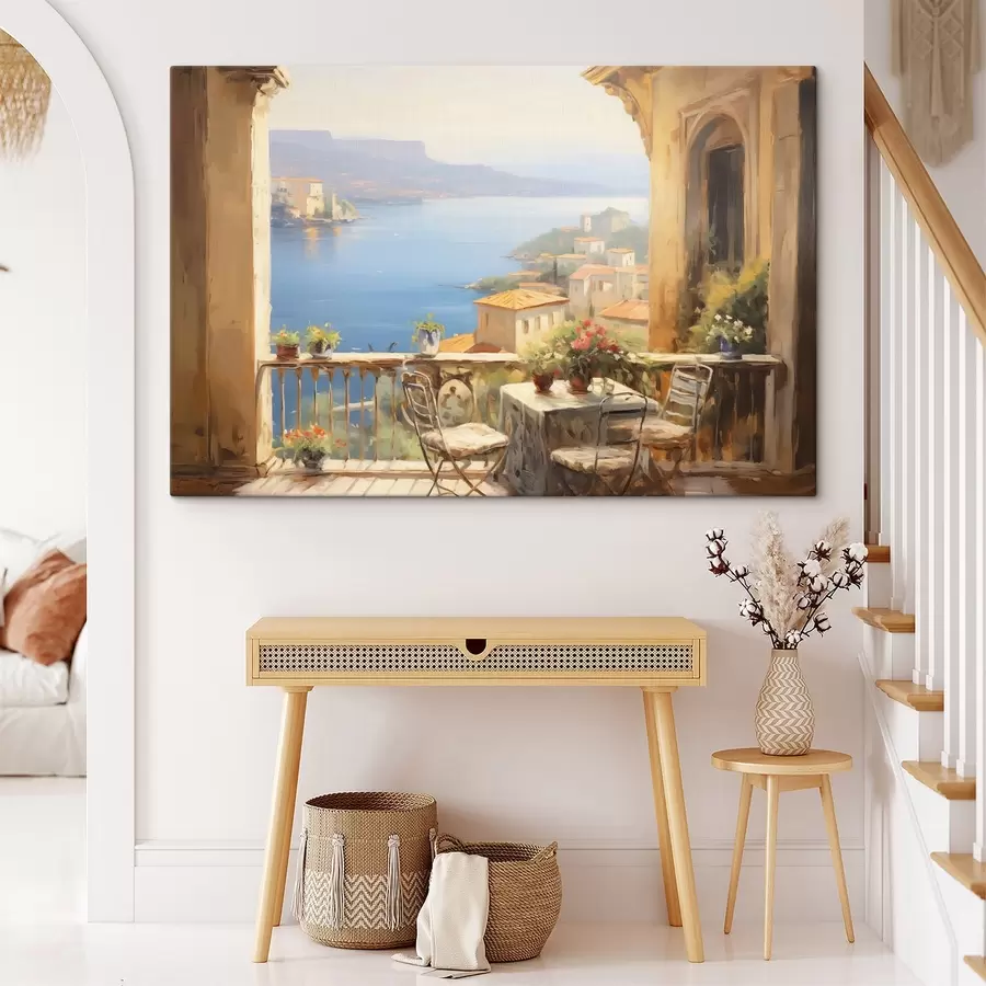 wall murals Oil painting imitation of balcony with flowers, overlooking the sea, houses on the coast, sunny day, blue sky s43173