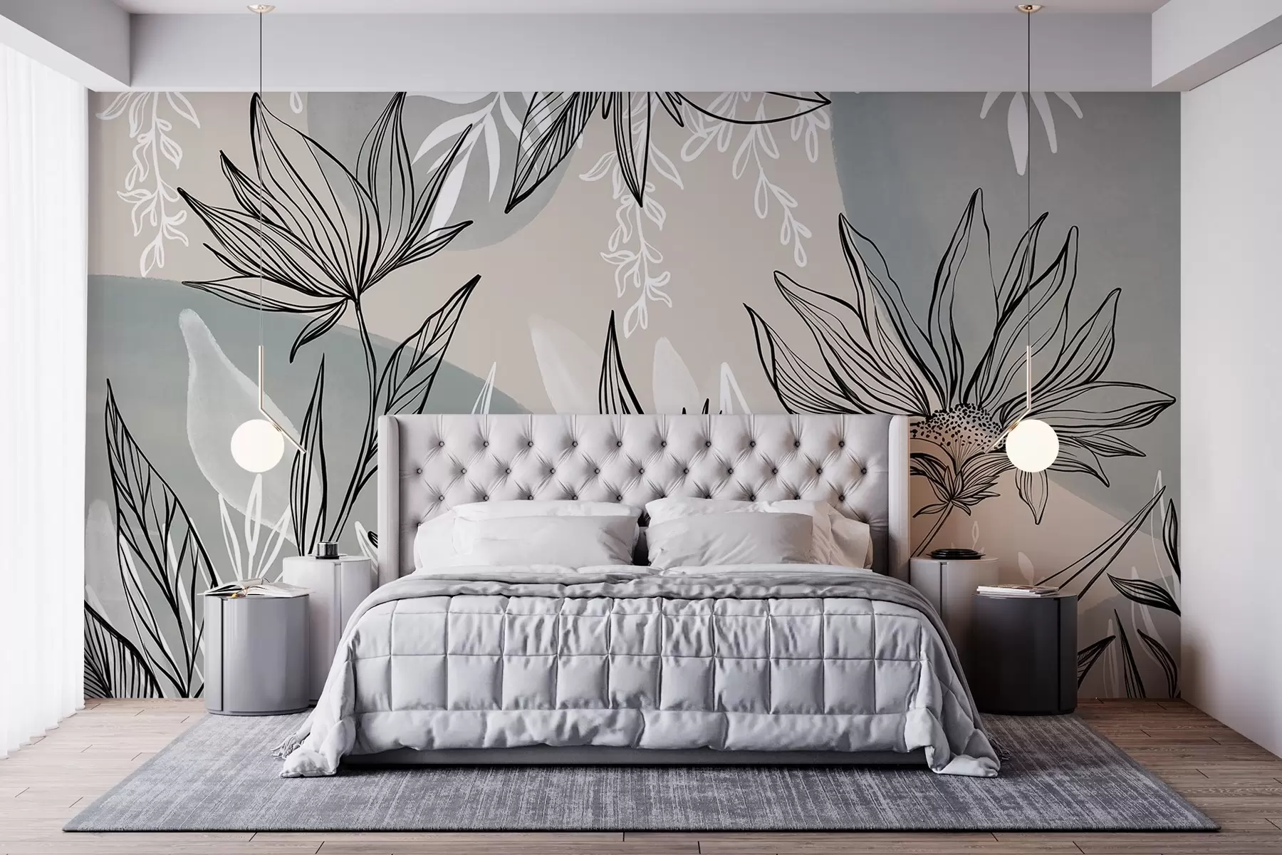 murais de parede Arte de linhas florais com grandes folhas e flores, sobre um fundo de aguarela bege e azul  w08865