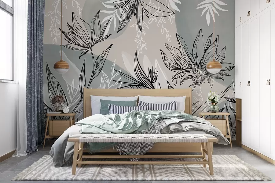 Wall Mural Photo Wallpaper Floral line art with large leaves and flowers, against a background of beige and blue watercolor washes  w08865