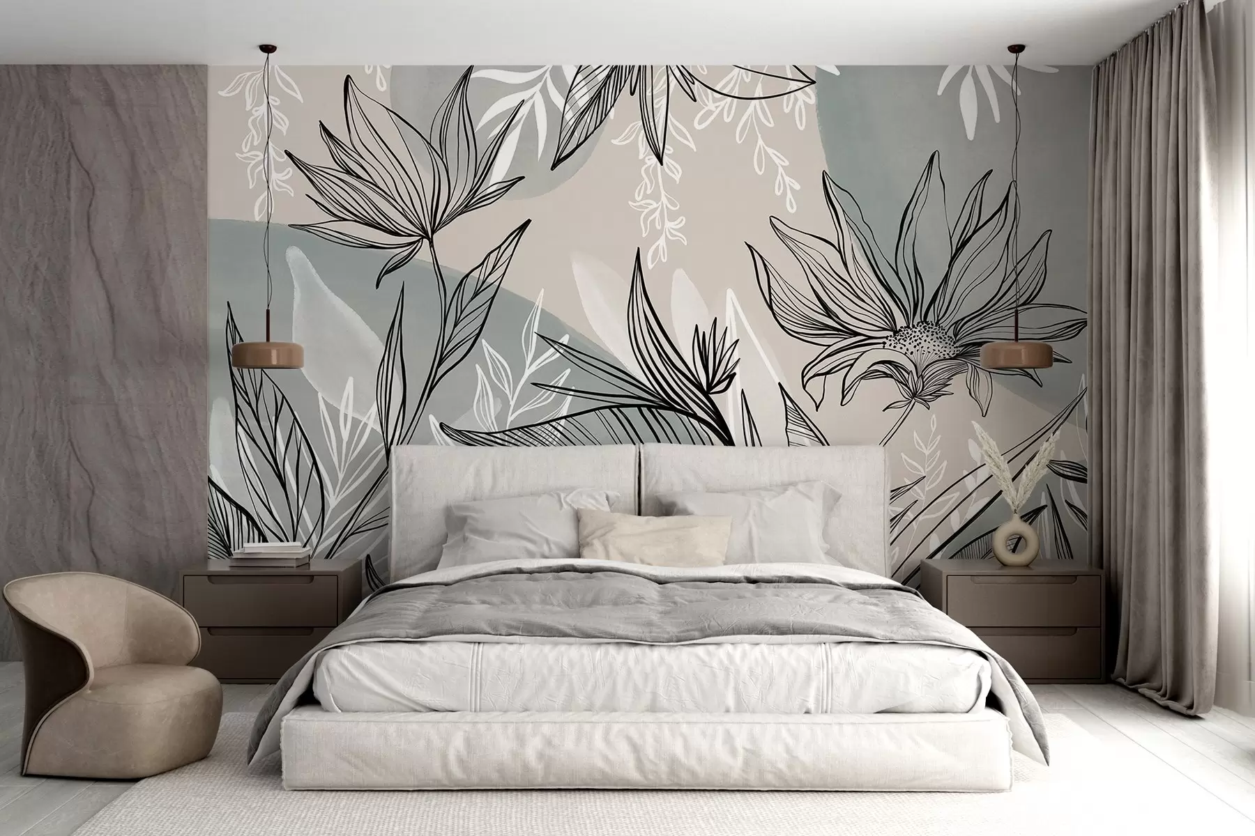 murais de parede Arte de linhas florais com grandes folhas e flores, sobre um fundo de aguarela bege e azul  w08865