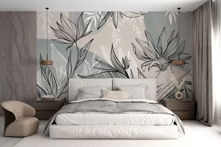 Wall Mural Photo Wallpaper Floral line art with large leaves and flowers, against a background of beige and blue watercolor washes  w08865