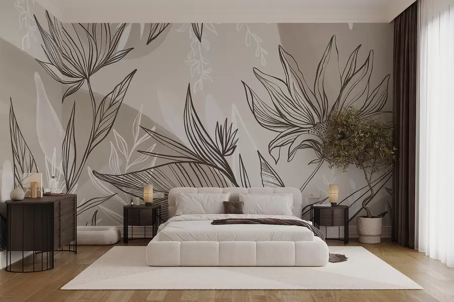 murales Línea floral con grandes hojas y flores sobre un fondo de acuarela beige w08865v1
