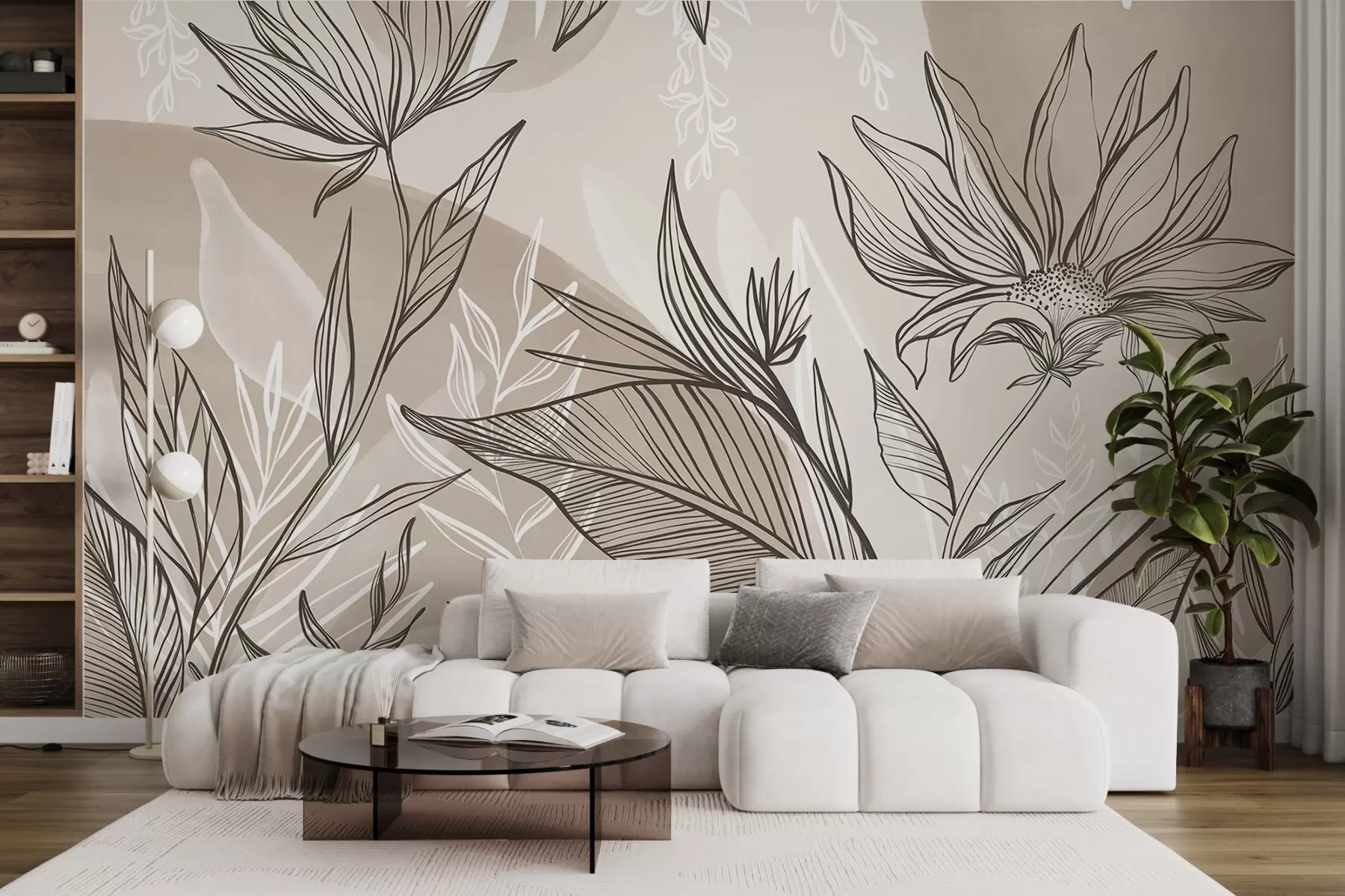 murales Línea floral con grandes hojas y flores sobre un fondo de acuarela beige w08865v1