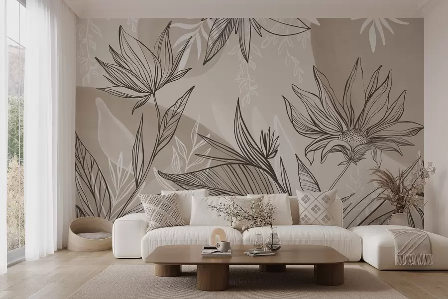 murales Línea floral con grandes hojas y flores sobre un fondo de acuarela beige w08865v1