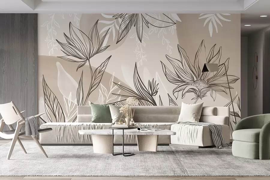 murales Línea floral con grandes hojas y flores sobre un fondo de acuarela beige w08865v1
