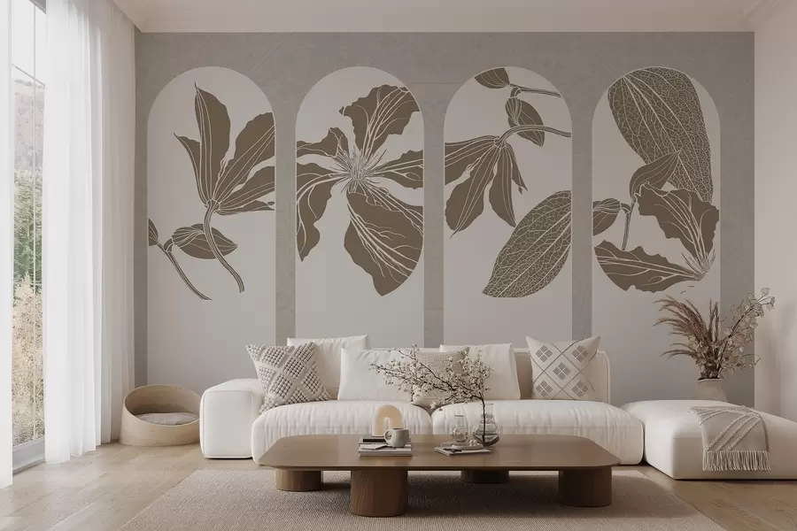 Wall Mural Photo Wallpaper Elegant arches with floral designs in beige and white, against a textured beige background, minimalist style w08866