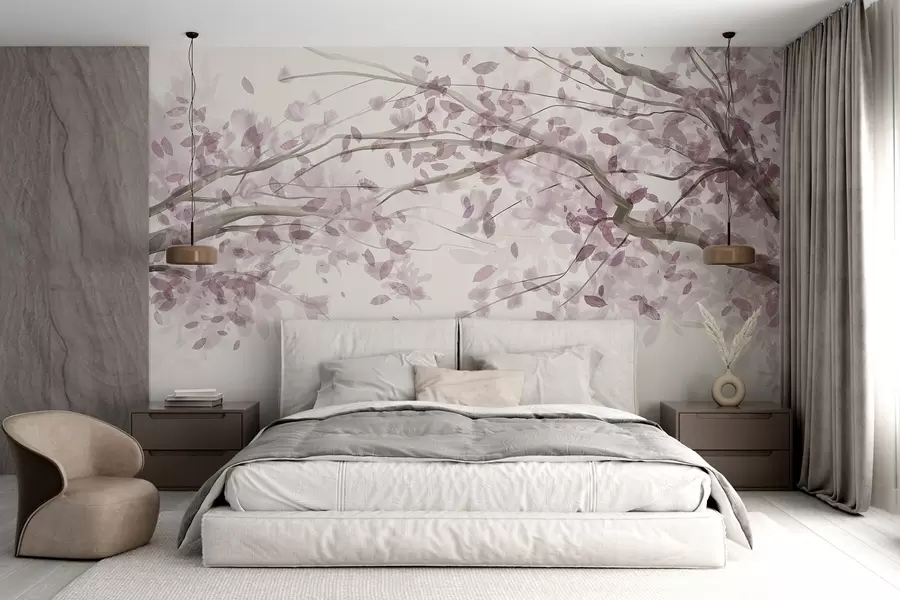 Wall Mural Photo Wallpaper Blossom branches with pink leaves, soft colors, delicate details, watercolor style, against a light background w08867