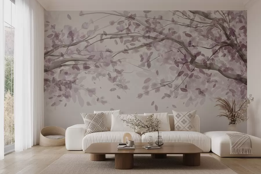 murales Ramas en flor con hojas rosas, colores suaves, detalles delicados, estilo acuarela, sobre fondo claro w08867