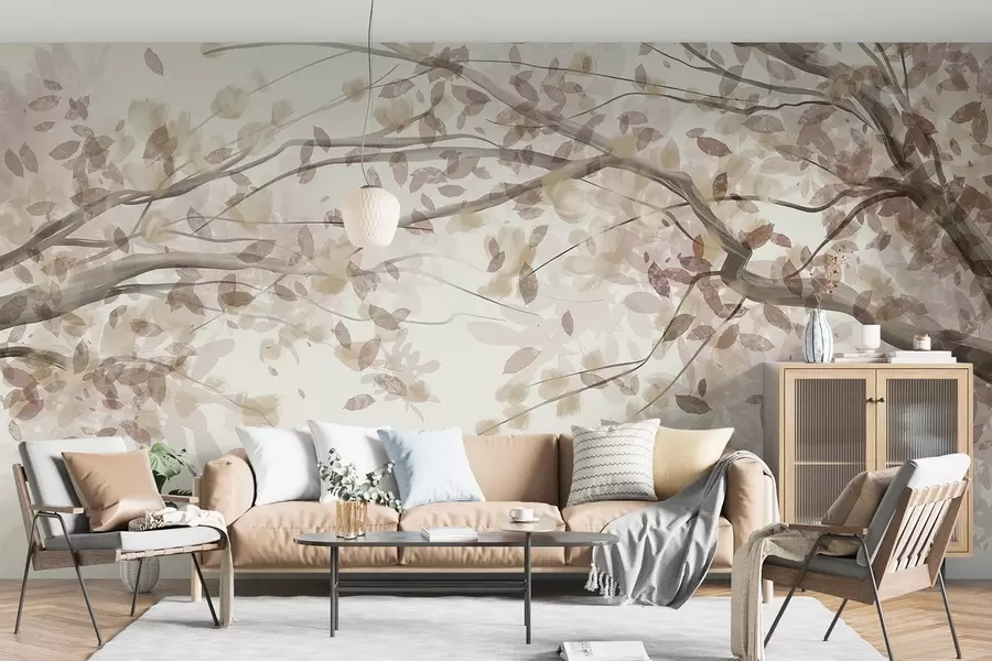 wall murals Blossom branches with beige leaves, soft colors, delicate details, watercolor style, against a light background w08867v1