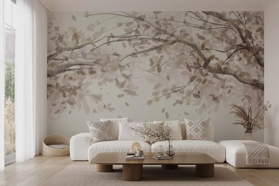 Wall Mural Photo Wallpaper Blossom branches with beige leaves, soft colors, delicate details, watercolor style, against a light background w08867v1
