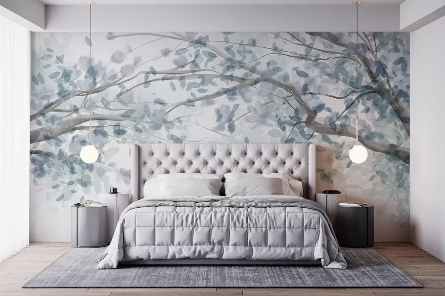 Wall Mural Photo Wallpaper Blossom branches with blue leaves, soft colors, delicate details, watercolor style, against a light background w08867v2