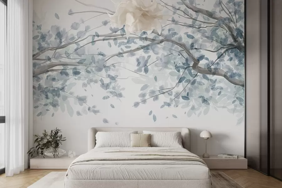 Wall Mural Photo Wallpaper Blossom branches with blue leaves, soft colors, delicate details, watercolor style, against a light background w08867v2