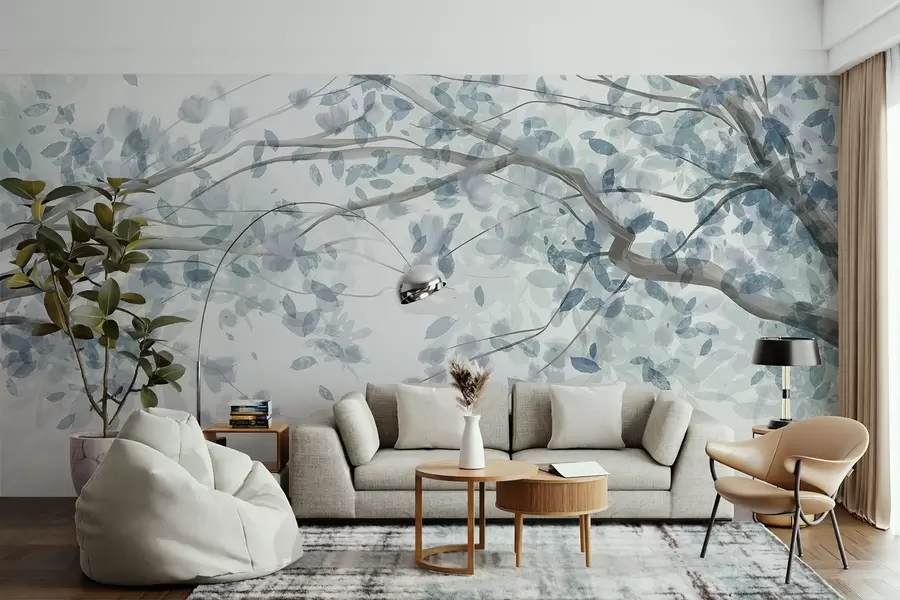 Wall Mural Photo Wallpaper Blossom branches with blue leaves, soft colors, delicate details, watercolor style, against a light background w08867v2