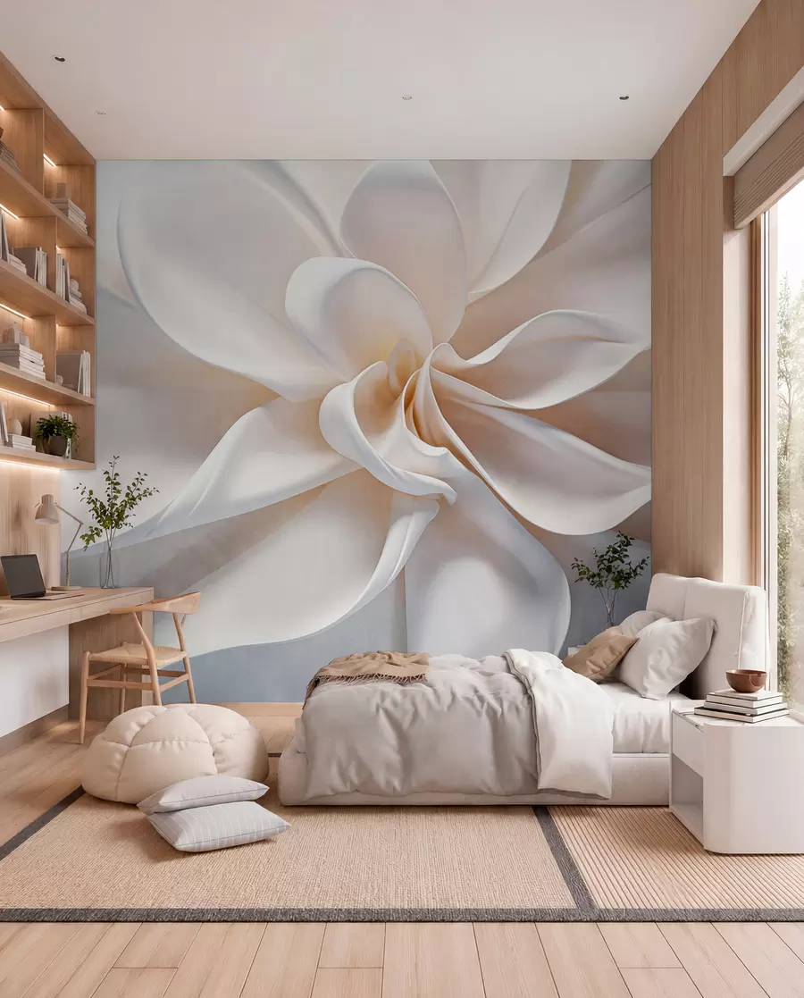 peintures murales Une fleur minimaliste texturée pastel blanche avec des pétales doux, légers et aériens, sur un fond blanc w08868