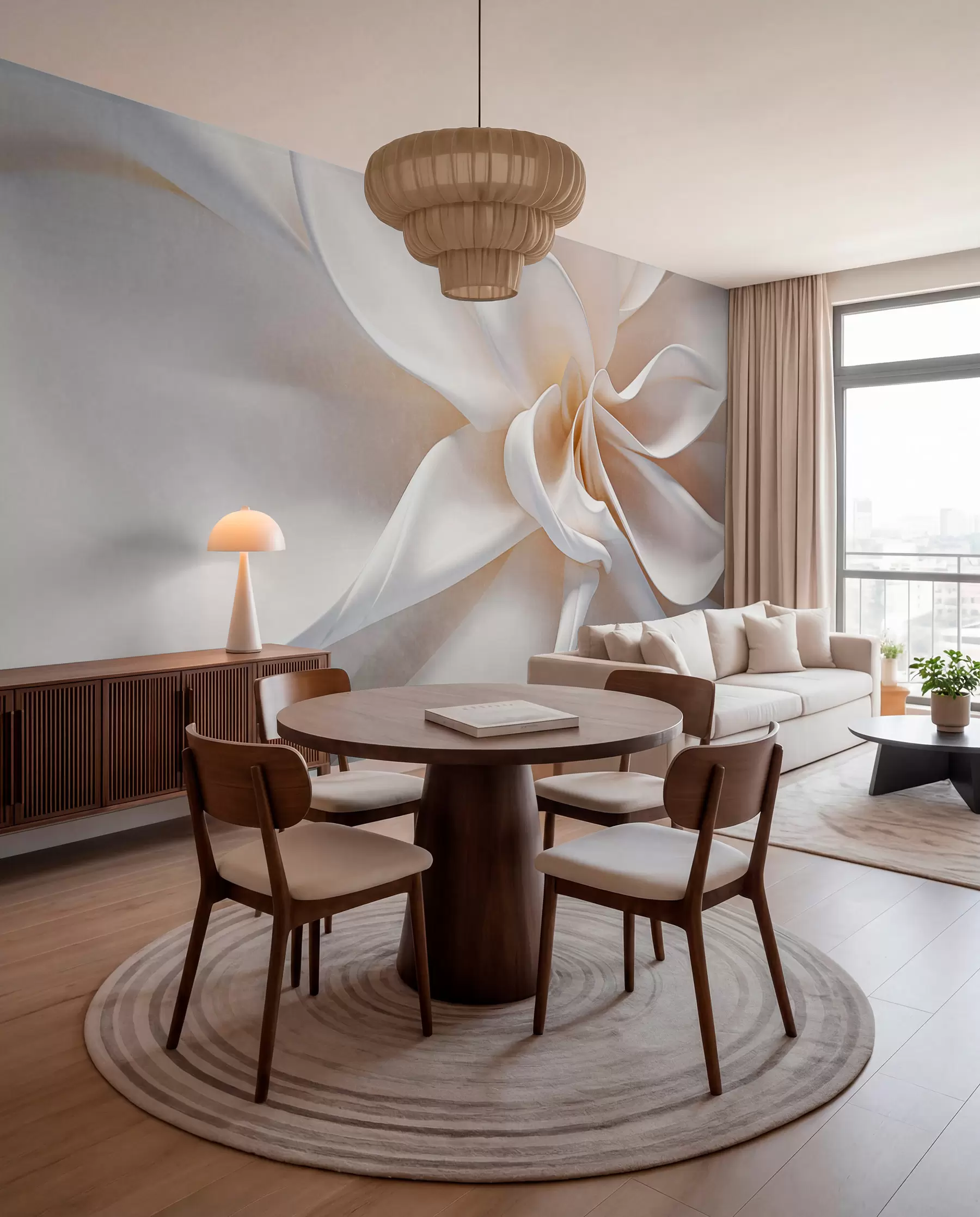 peintures murales Une fleur minimaliste texturée pastel blanche avec des pétales doux, légers et aériens, sur un fond blanc w08868