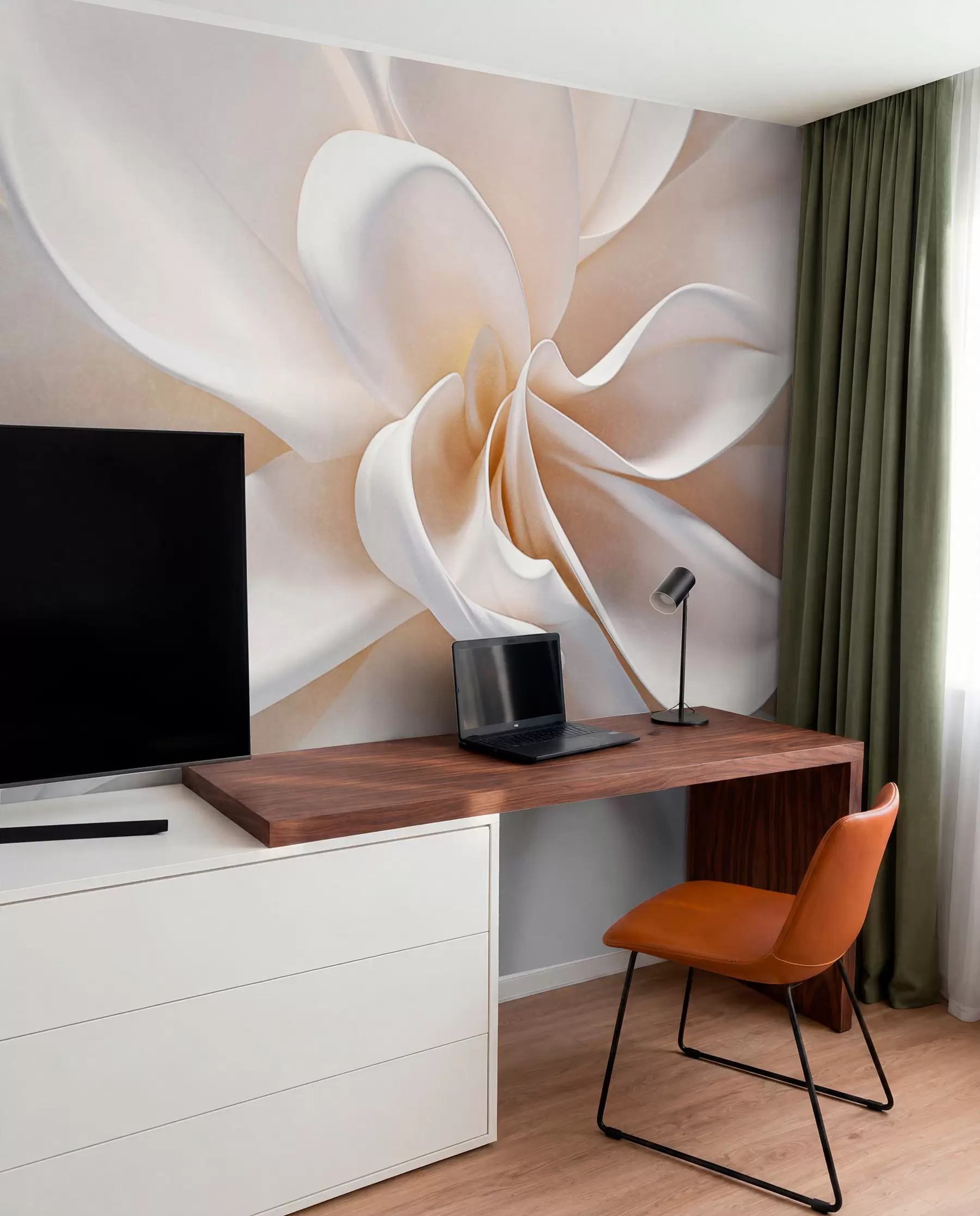 wall murals A white pastel textured minimalistic flower with soft petals, light and airy, on a white background w08868