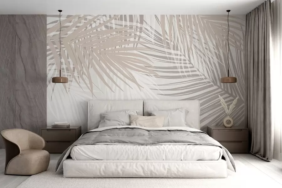 murales Hojas de palmera en tonos beige claro y blanco, follaje tropical, colores pastel suaves, diseño minimalista w08869