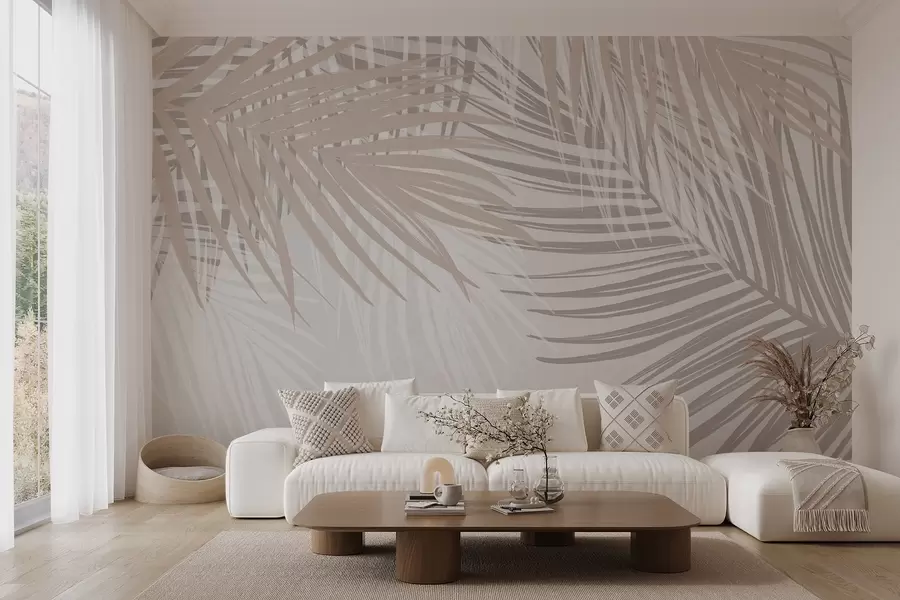 peintures murales Feuilles de palmier dans les tons beige clair et blanc, feuillage tropical, couleurs pastel douces, design minimaliste w08869