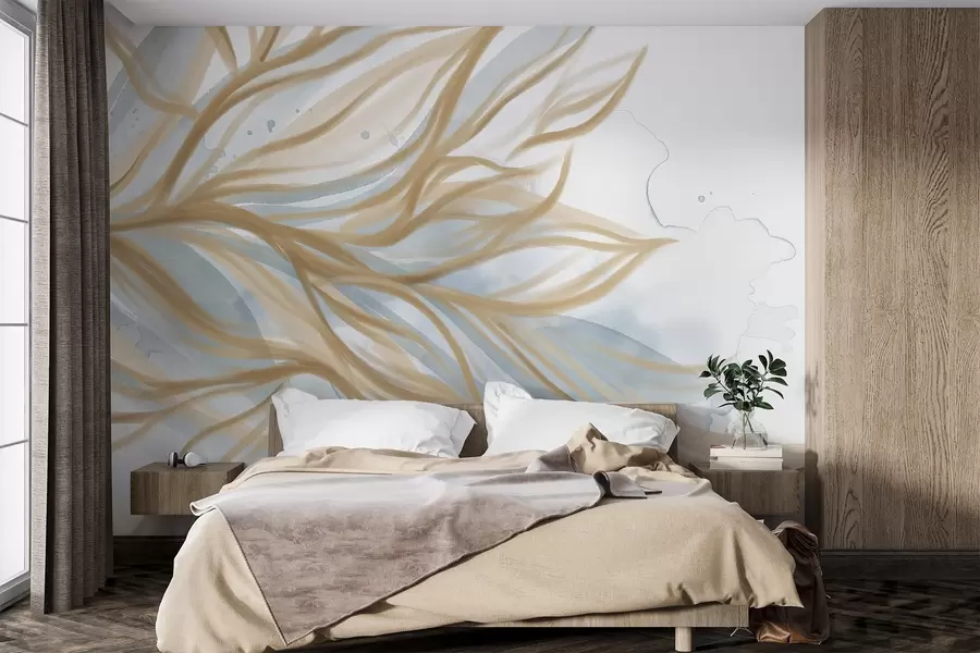 murales Abstracto hojas amarillas con fondo de acuarela azul, suave y delicado, formas orgánicas, líneas fluidas w08871