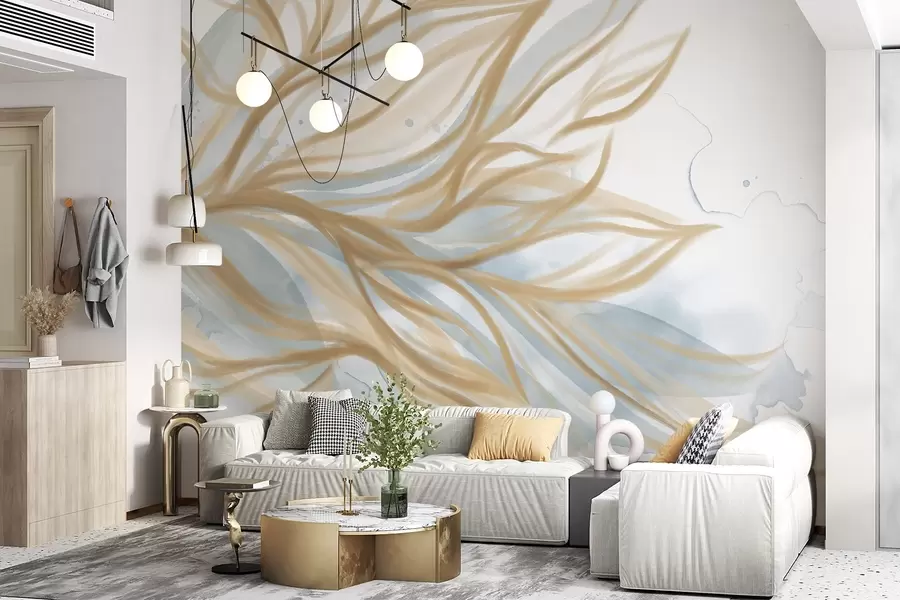 Wall Mural Photo Wallpaper Abstract yellow leaves with blue watercolor background, soft and delicate, organic shapes, flowing lines w08871