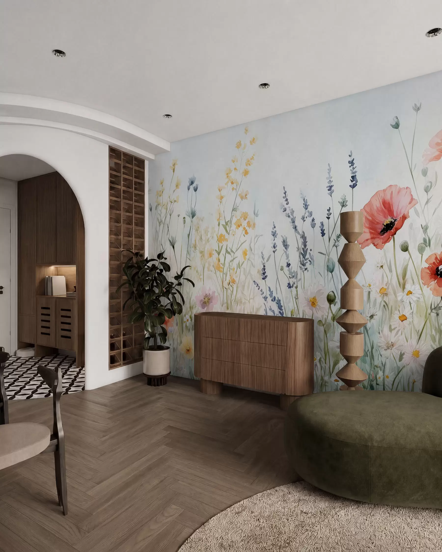 peintures murales fleurs sauvages et coquelicots dans la technique des traits w03281