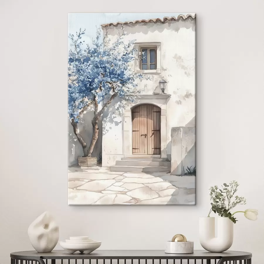 wall murals Greek house with beautiful tree, architecture, watercolor style s43178