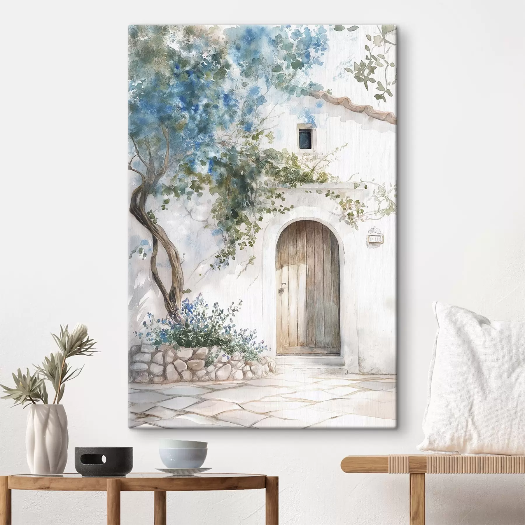 wall murals Beautiful white house with blooming tree, mediterranean, watercolor style s43179
