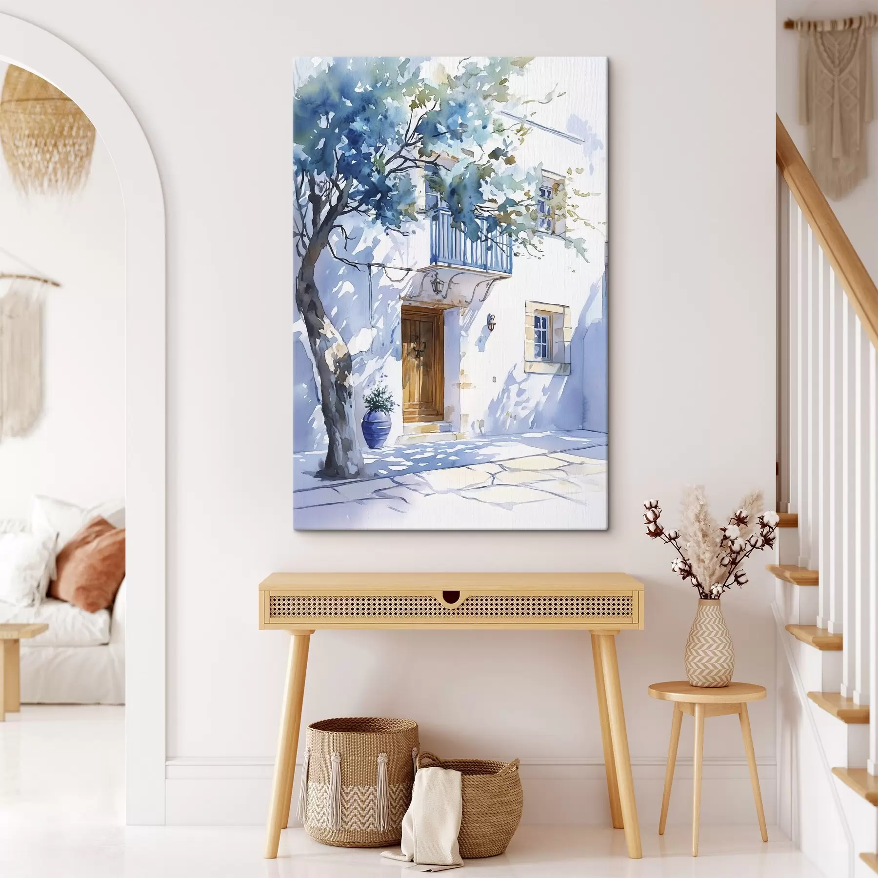 murales Estilo acuarela, casa griega, árbol en flor, arquitectura s43182