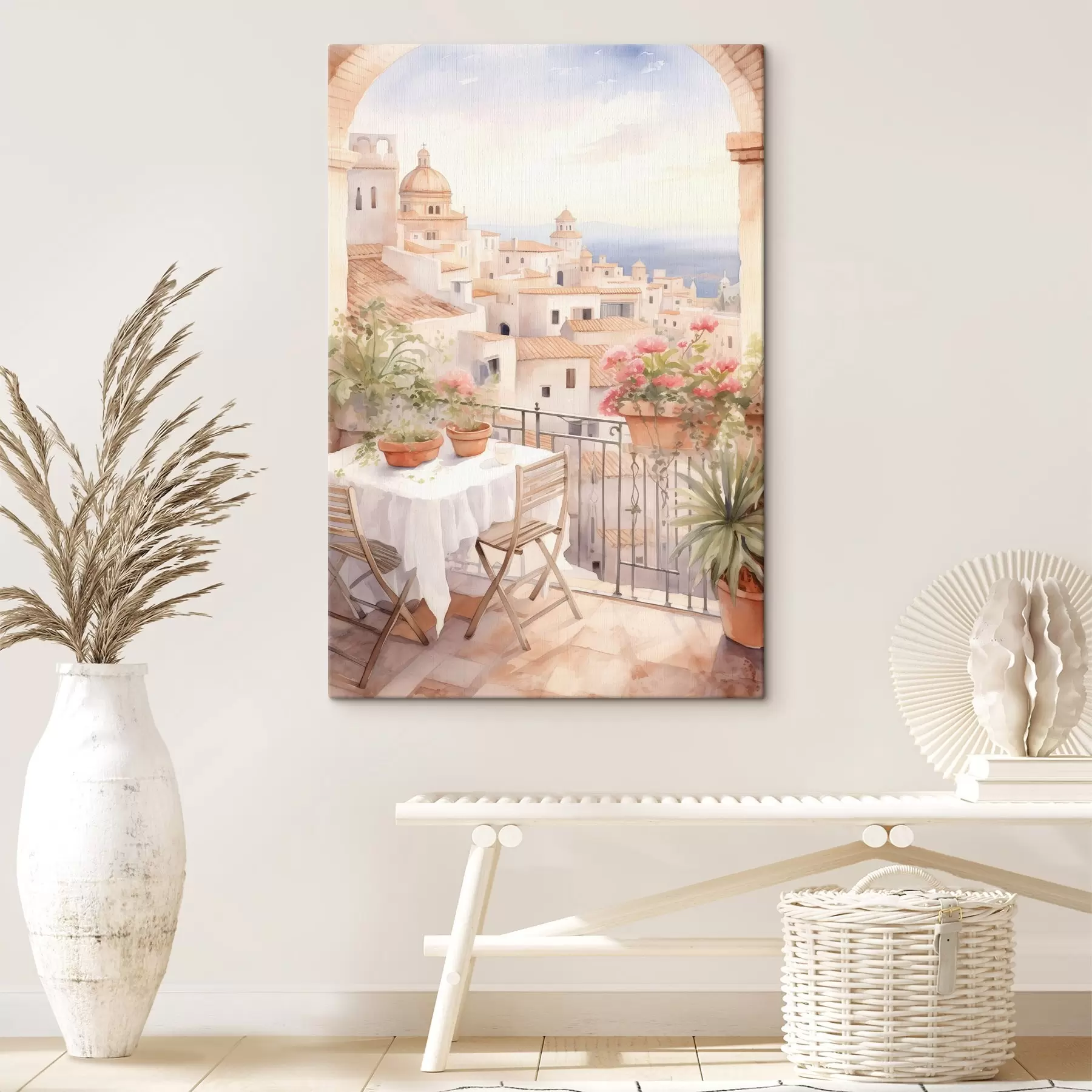 wall murals Sunset on the balcony, Italy, architecture, blooming flowers, watercolor style s43184