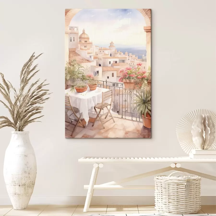 murales Puesta de sol en el balcón, Italia, arquitectura, flores en flor, estilo acuarela s43184