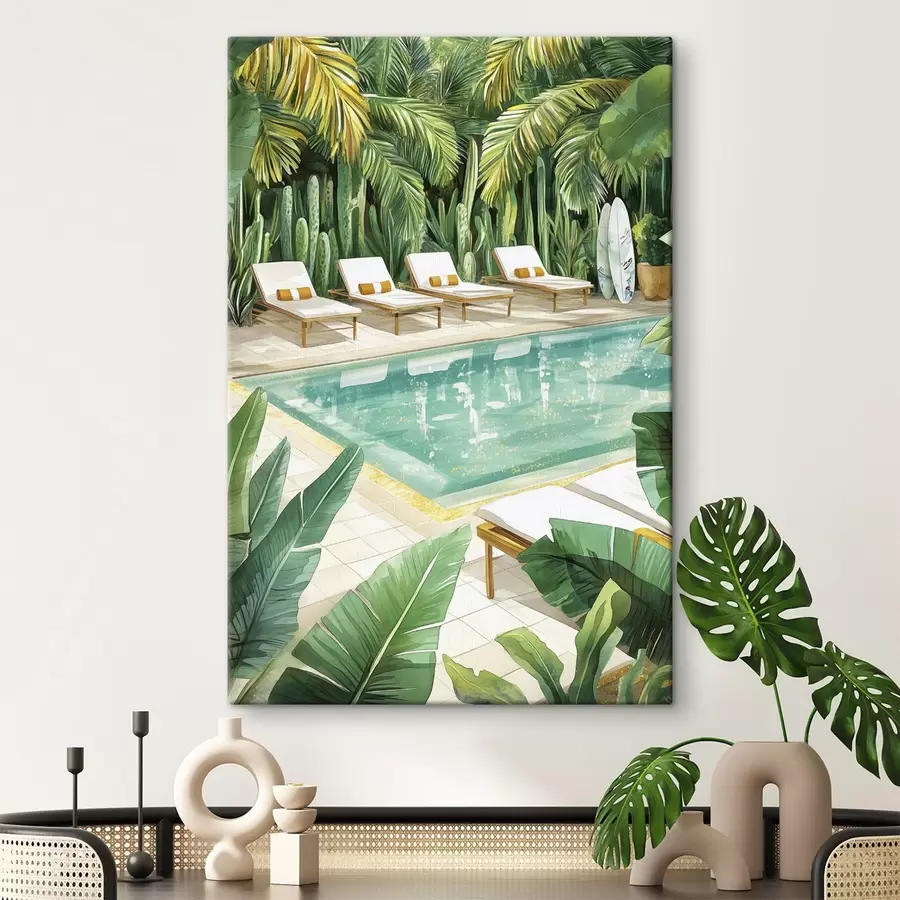 murales Naturaleza tropical, jardín, piscina de verano, surf, estilo acuarela s43190