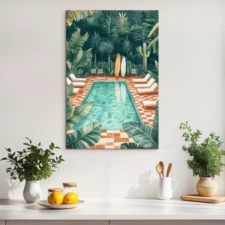 murales Piscina de verano vintage, bosque tropical, vegetación, palmeras, estilo acuarela s43191