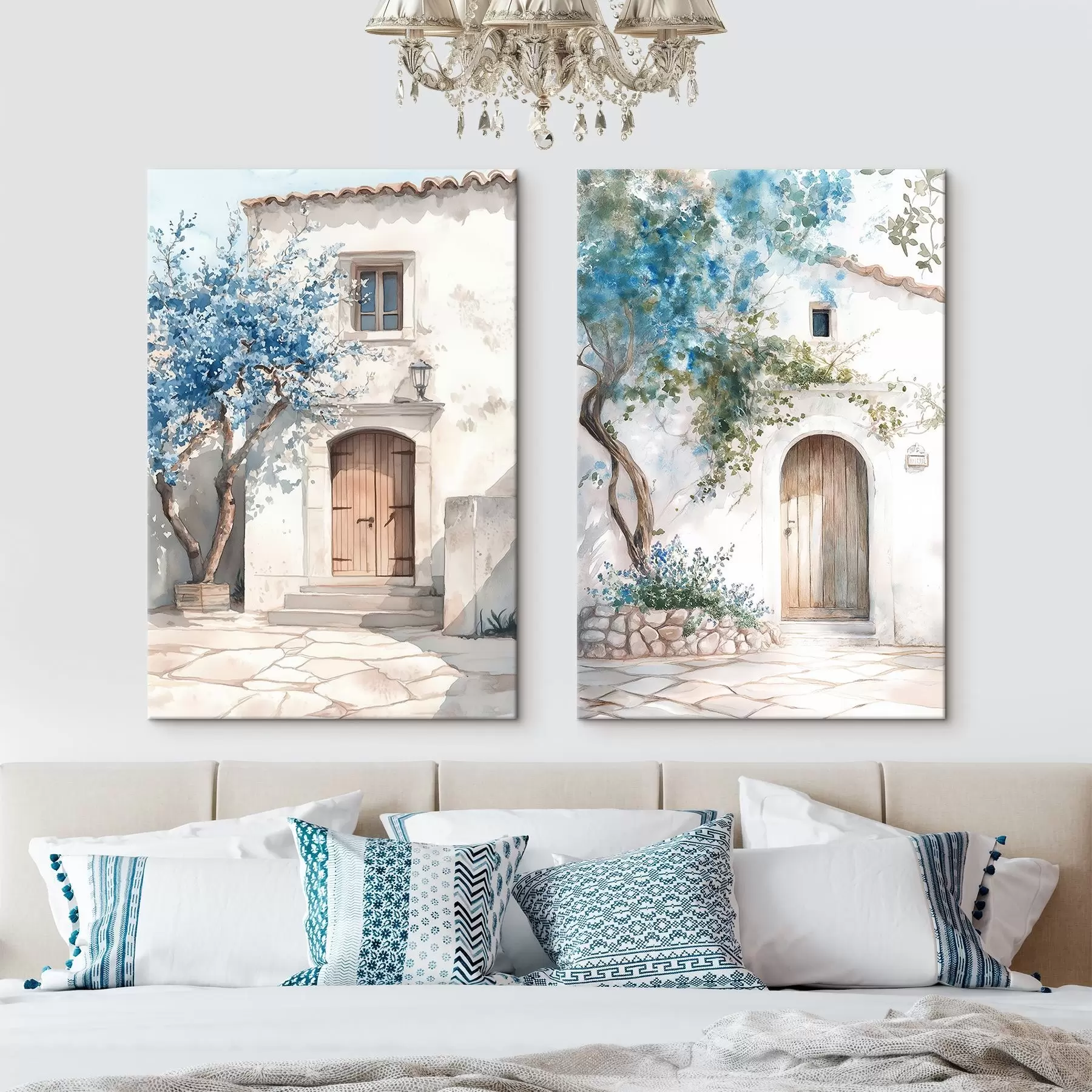 wall murals Greek white houses with blooming trees, mediterranean, watercolor style drawing m00419