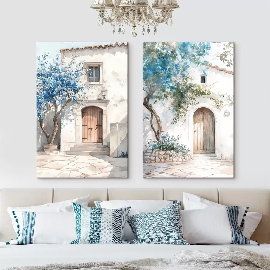 wall murals Greek white houses with blooming trees, mediterranean, watercolor style drawing m00419