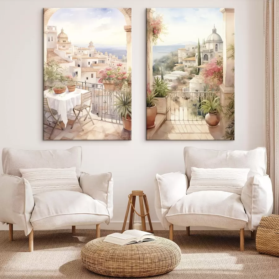 wall murals Sunset on the balcony, architecture, blooming flowers, watercolor style, mediterranean m00420