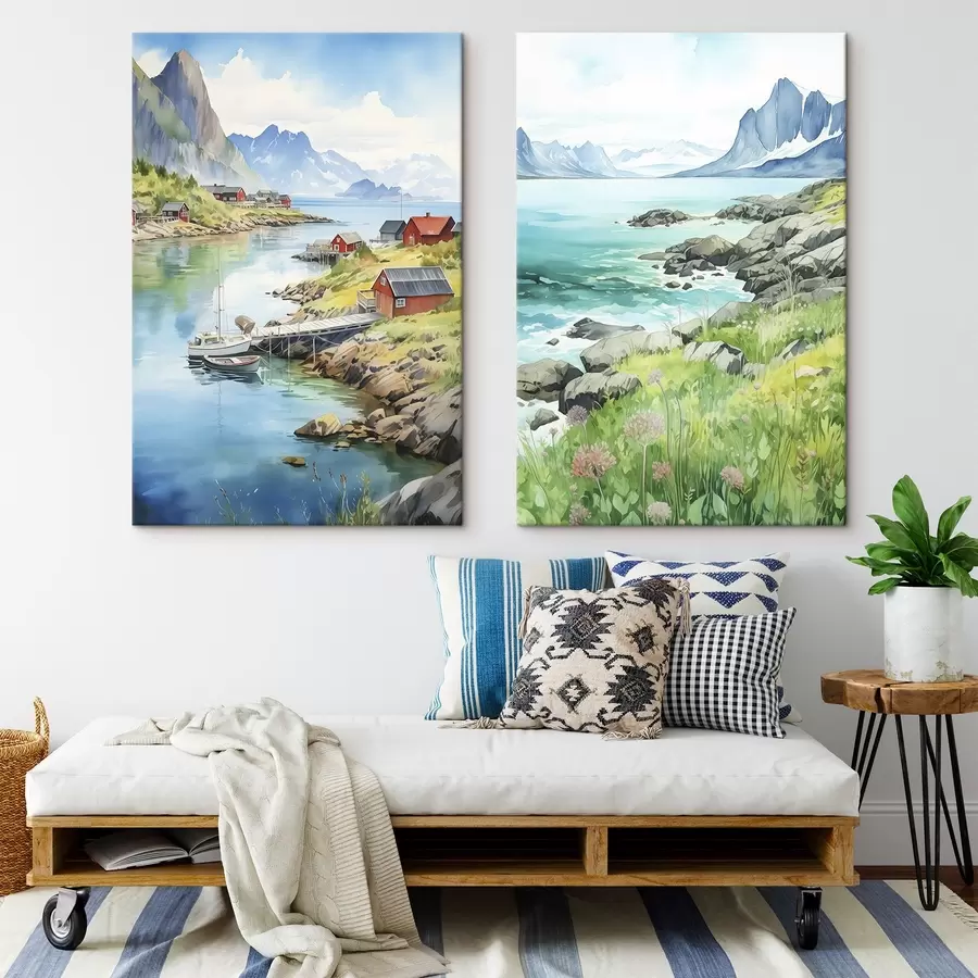 wall murals Norway nature, Lofoten islands, summer landscape, red houses, mountains, boats m00421