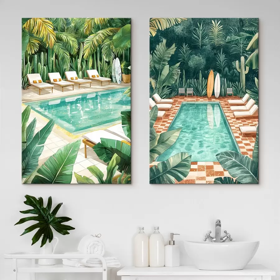 murales Piscina de verano, vintage, bosque tropical, vegetación, palmeras, estilo acuarela m00422