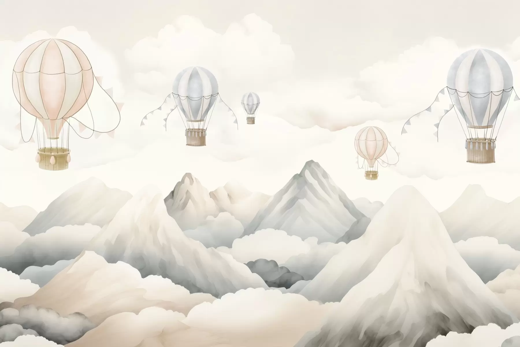 wall murals Hot air balloons floating above mountains in neutral, soft pastel tones w08853