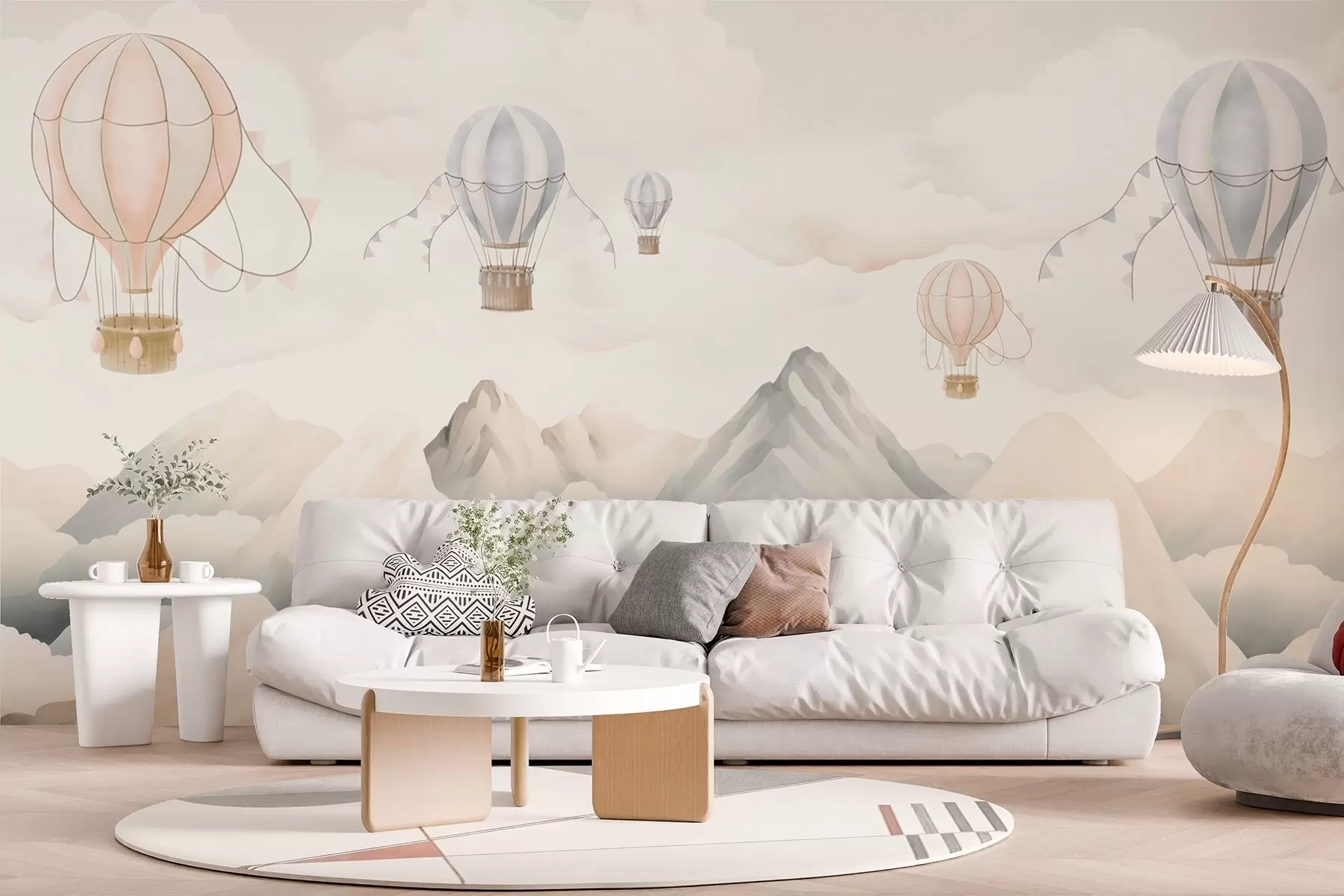 Wall Mural Photo Wallpaper Hot air balloons floating above mountains in neutral, soft pastel tones w08853