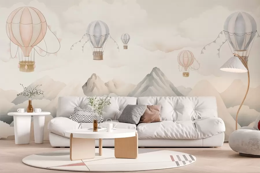 Wall Mural Photo Wallpaper Hot air balloons floating above mountains in neutral, soft pastel tones w08853