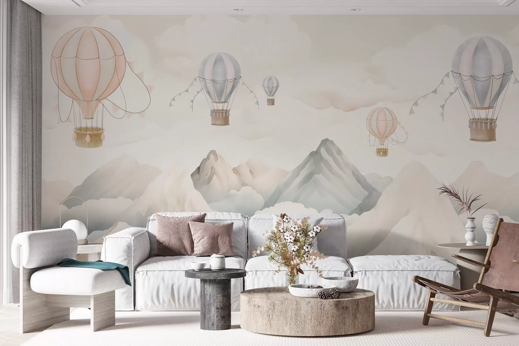 Wall Mural Photo Wallpaper Hot air balloons floating above mountains in neutral, soft pastel tones w08853