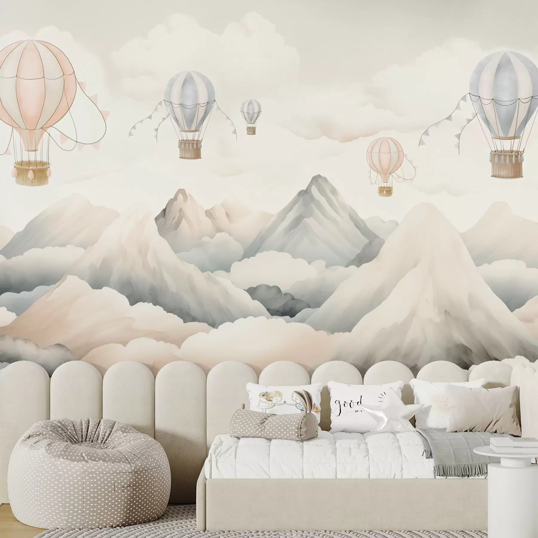 Wall Mural Photo Wallpaper Hot air balloons floating above mountains in neutral, soft pastel tones w08853