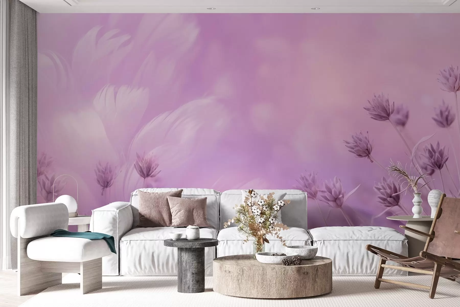 murales Lavanda rosa y púrpura con plumas de fondo w08877