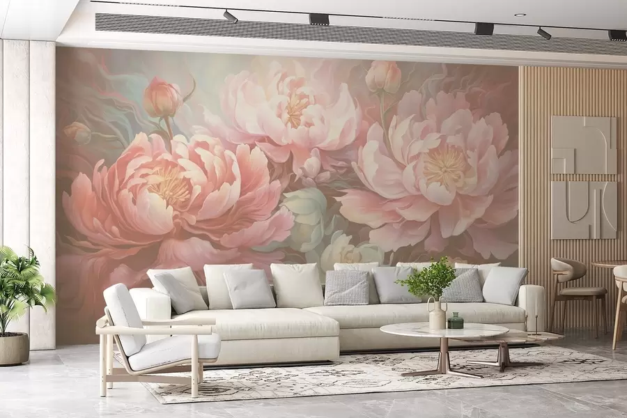 wall murals Fairy-tale peonies in a brushstroke style in warm tones w08879v2