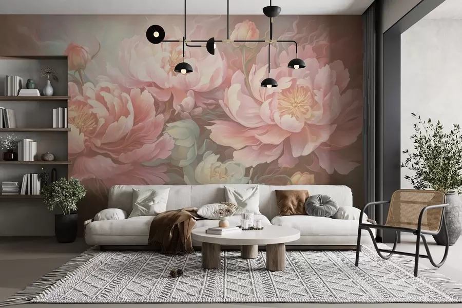 Wall Mural Photo Wallpaper Fairy-tale peonies in a brushstroke style in warm tones w08879v2