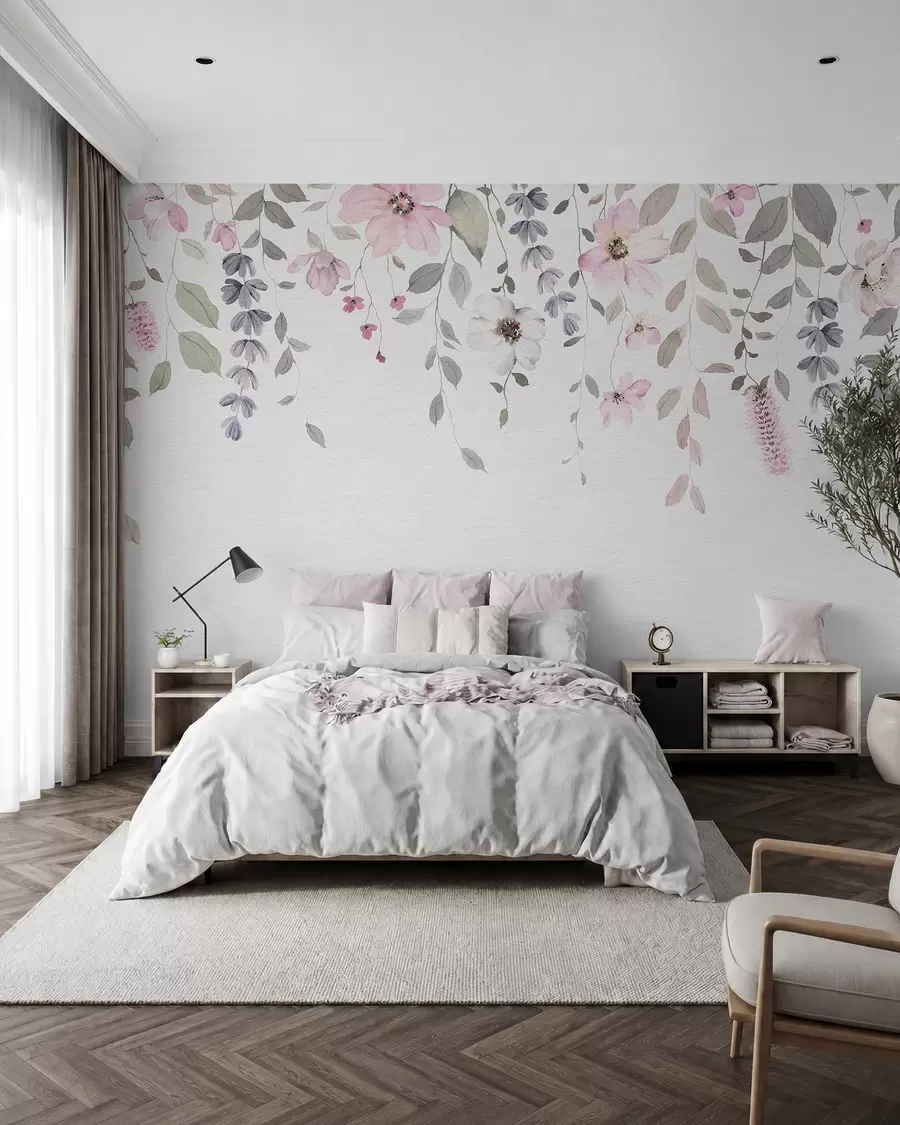 wall murals Hanging watercolor flowers and leaves w03315