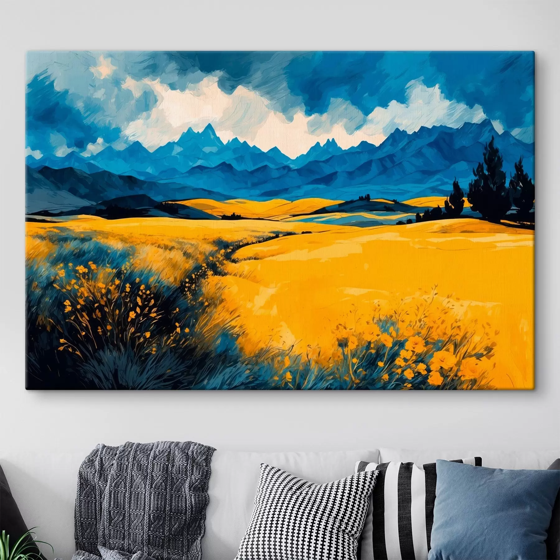 murales Campo amarillo sobre el fondo de montañas en estilo de pintura de acuarela s43117
