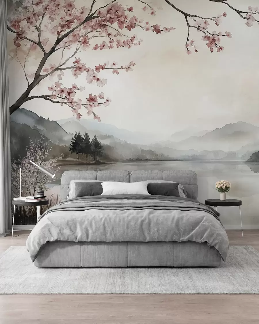 Wall Mural Photo Wallpaper calm watercolor landscape with a lake and a flowering tree w03282
